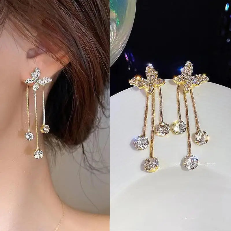 925 Silver Needle Korean Fashion Bow Crystal Drop Earrings For Women Jewelry 2025 Trending New Luxury Zircon Butterfly Earrings