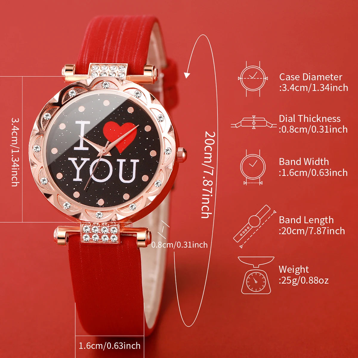 5PCS/Set Fashion Women's Watch Rhinestone Leather Band Quartz Watches Diamond Jewelry Set Gift For Mom（Without Box）