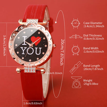 5PCS/Set Fashion Women's Watch Rhinestone Leather Band Quartz Watches Diamond Jewelry Set Gift For Mom（Without Box）