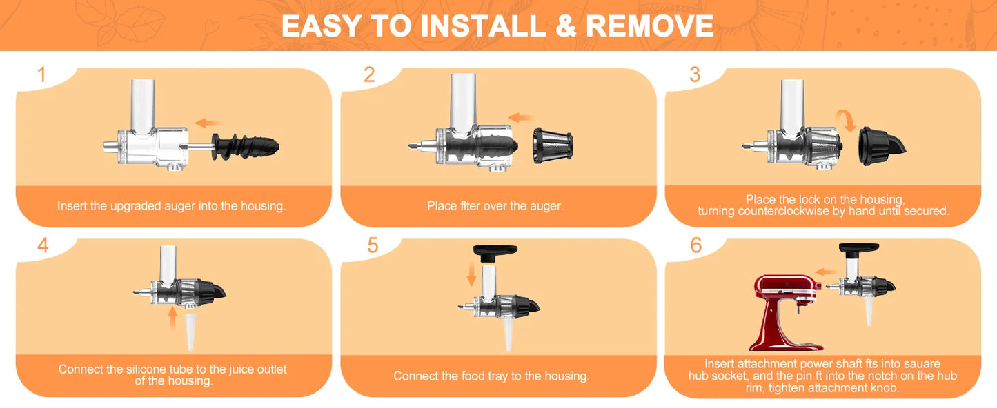 Masticating Juicer Attachment for KitchenAid Stand Mixer, Slow Juicer Attachment with Silicone Tube and Cleaning Brush