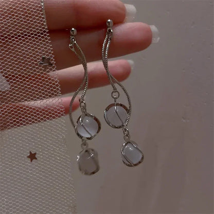 Long Drop Earrings Accessories for Women  Round Cut Synthetic Gems Bridal Wedding Jewelry Decor Elegant Ear Jewelry for Women